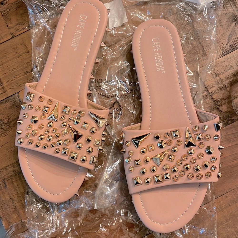 Blush slide sandals with rose gold studs by CAPE ROBBIN